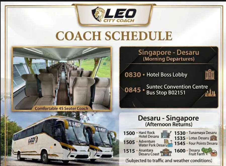 Two Way Desaru Coach transfer by VIP 45 Seater Coach in Singapore